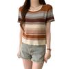 Retro Striped Square Neck Short Sleeve Knit Sweater Women Summer Slim Slim Short Chic Tops Casual Essential Comfort and Style Slim Fit Pullovers Tees