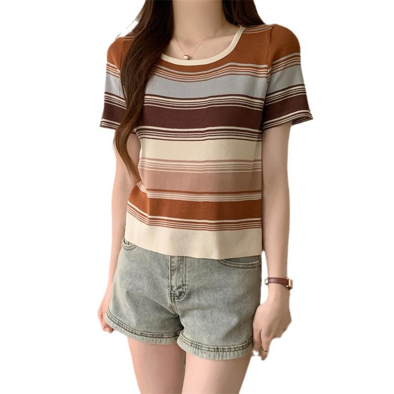 Retro Striped Square Neck Short Sleeve Knit Sweater Women Summer Slim Slim Short Chic Tops Casual Essential Comfort and Style Slim Fit Pullovers Tees