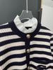 Yingjie S 2023 Autumn/Winter Retro French Ruffled Collar Striped Knit Cardigan with Embroidered Lettering