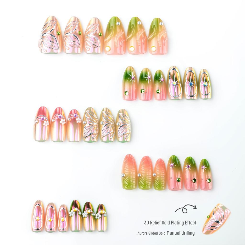 30-teilige Luxus-Lila-Aurora-Mandelnägel: 3D Schmetterlingsblumen und Diamantmalerei