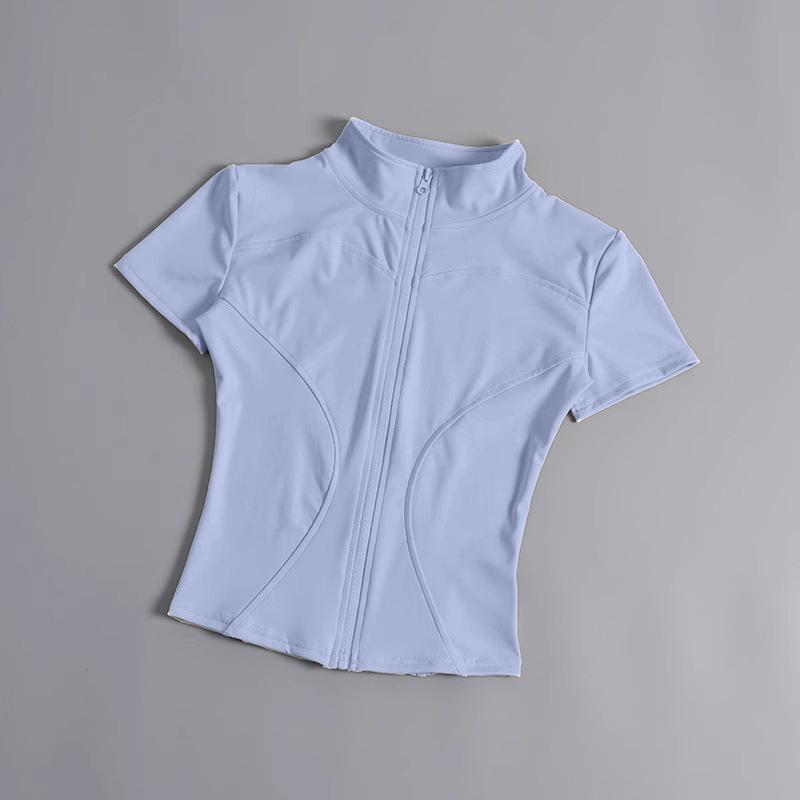 Damen Schnelltrocknende Bodycon Yoga Jacke - Hohe Elastizität, Kurzarm, Stehkragen, Reißverschluss, Nude-Feel für Fitness und Laufen (Sommer) Medium