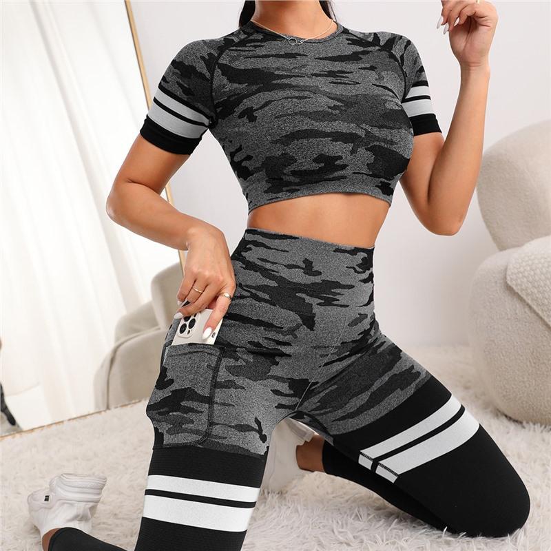 

Комплект для йоги с коротким рукавом и длинными брюками - Фитнес для персиковых ягодиц M