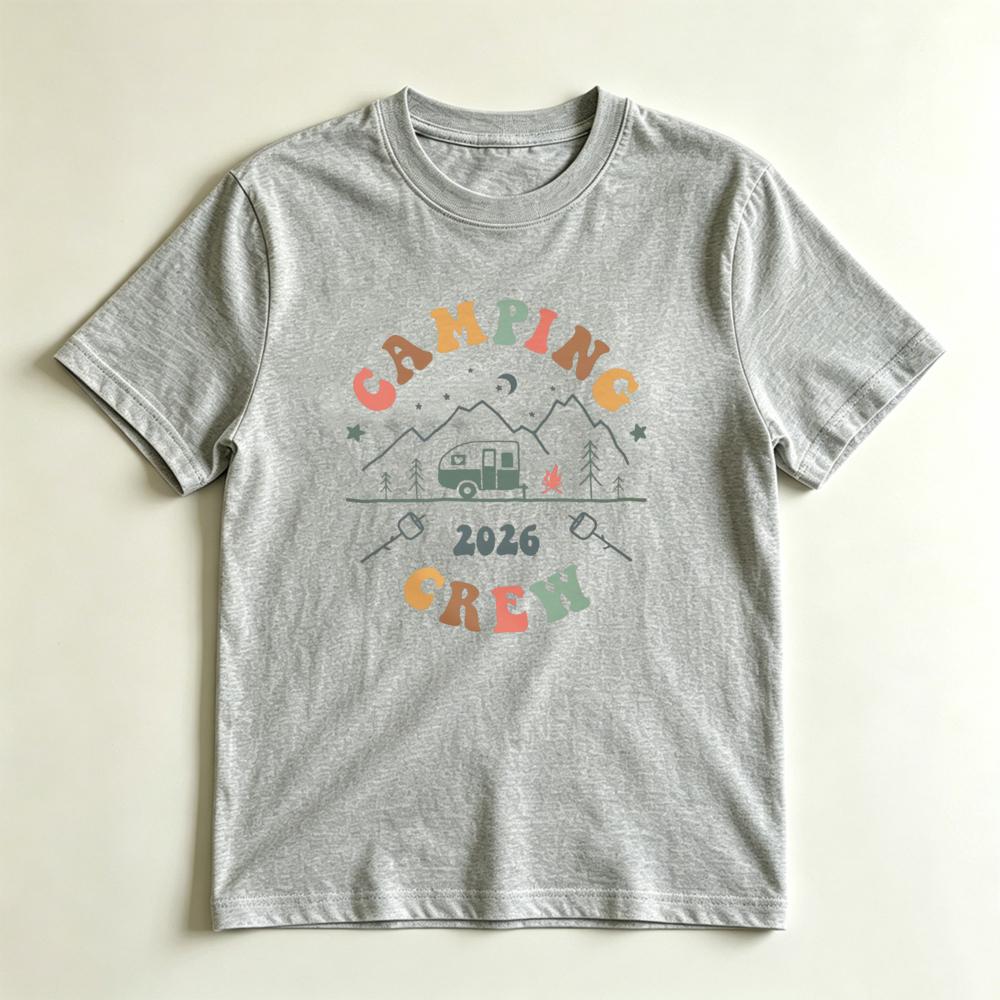 2026 Camping Crew Retro Rainbow Graphic TShirt Vintage Mountain Camper Tee Family Group Camping Trip Matching Casual Shirt