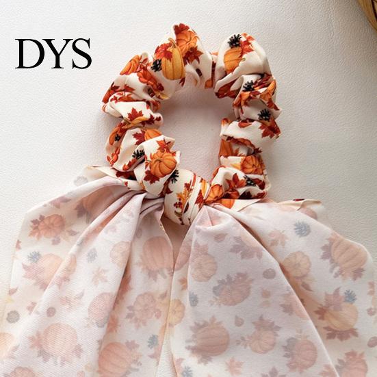 Autumn Theme Hair Ties for Gifts Fall Pumpkin Maple Leaf Tie Women, Bow Knot Ribbon Ponytail Elastic Bands Thick Holder, Soft Fabric Accessory