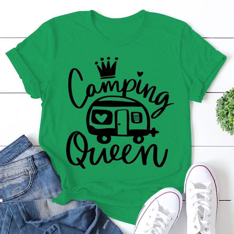 Cute Camping Queen T-shirts For Women Summer Tee Shirt Femme Casual Queen Short Sleeve Camping Round Neck Tops T-shirts