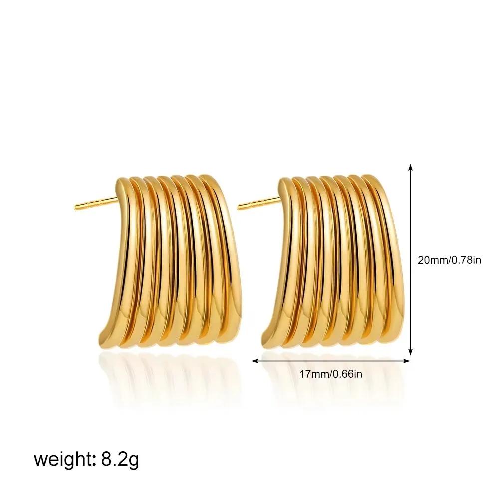 Vintage Stainless Steel Trapezoid Square Wing Geometric Stud Earrings for Women Gold Plated Striped Pleated Texture Jewelry