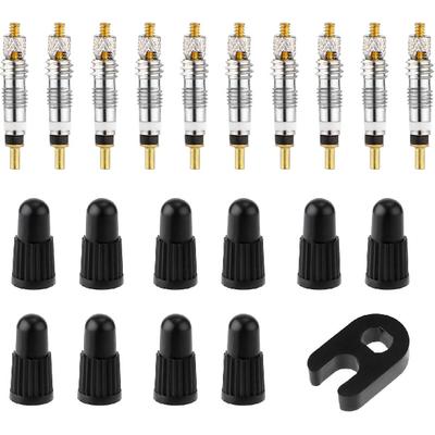 Valve Core Repair Kit for Presta, Including 10pcs Valve Cores, 10pcs Tyre Valve Core Stem Caps and Valve Core Remover Removal Tool Tubeless Valve