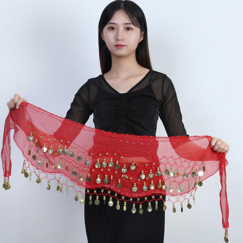 Available: Belly Dance Hip Scarf with 72/83/98/128 Coin Waist Chain - Gold, Three-Layer Design, Indian Style Waist Scarf.