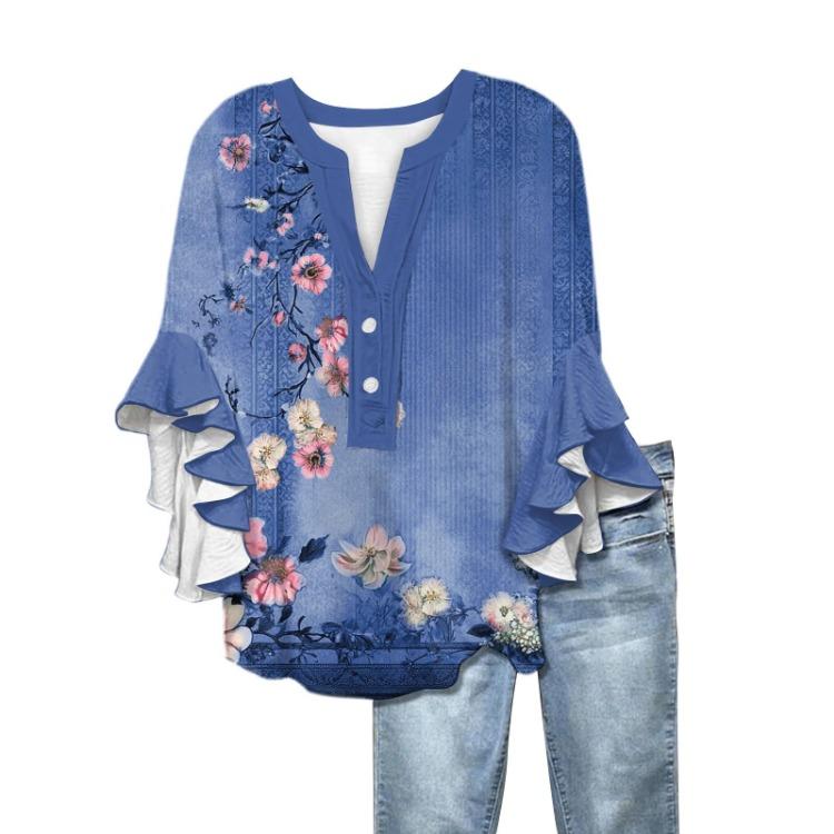 Süße Sommeroberteile mit Blumendruck für Damen V-Ausschnitt 3/4 Ärmel Lässige Blusen Hemden