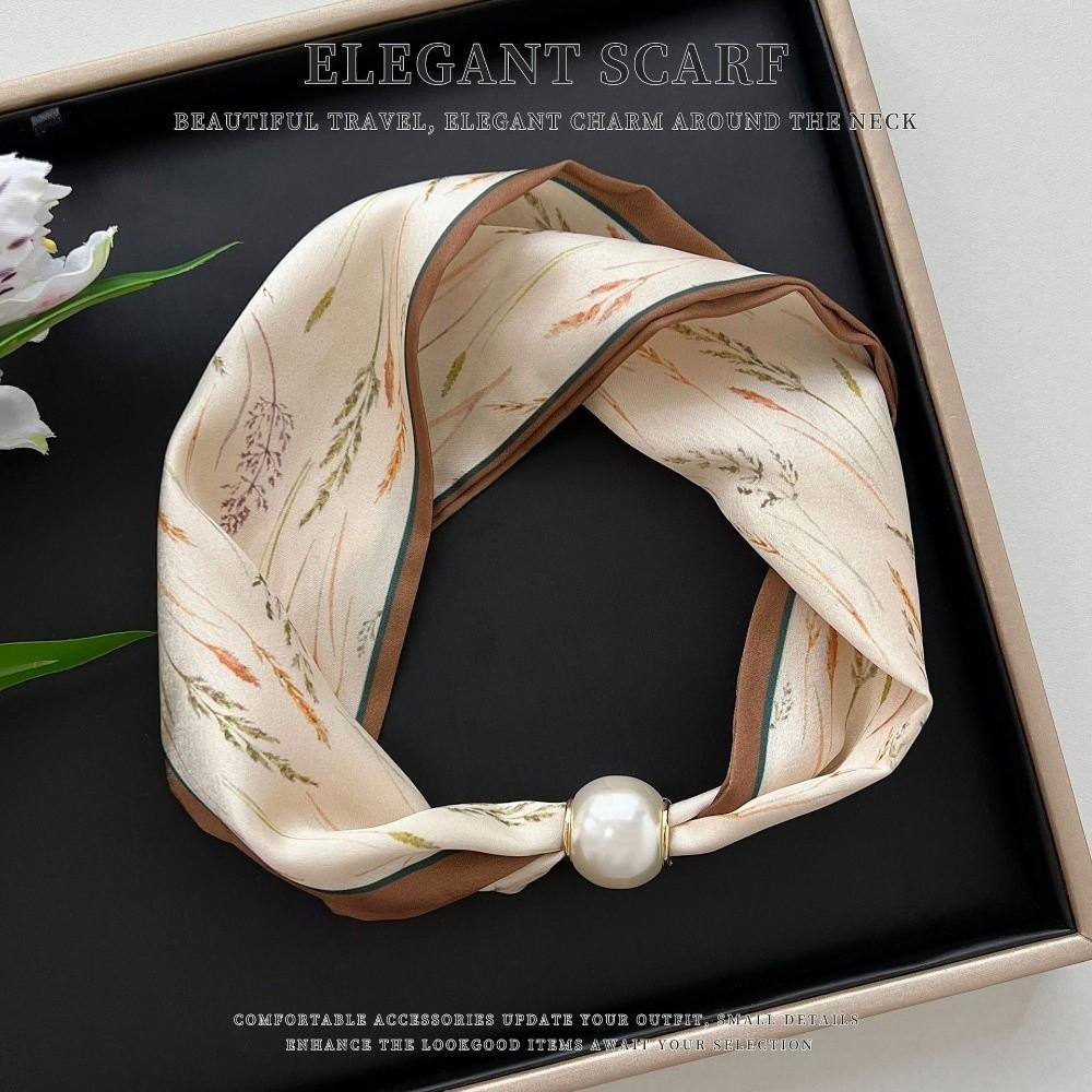 Thin Pearl Silk Scarf Magnetic Clasp Neck Wrap Fashion Neckerchief  for Women