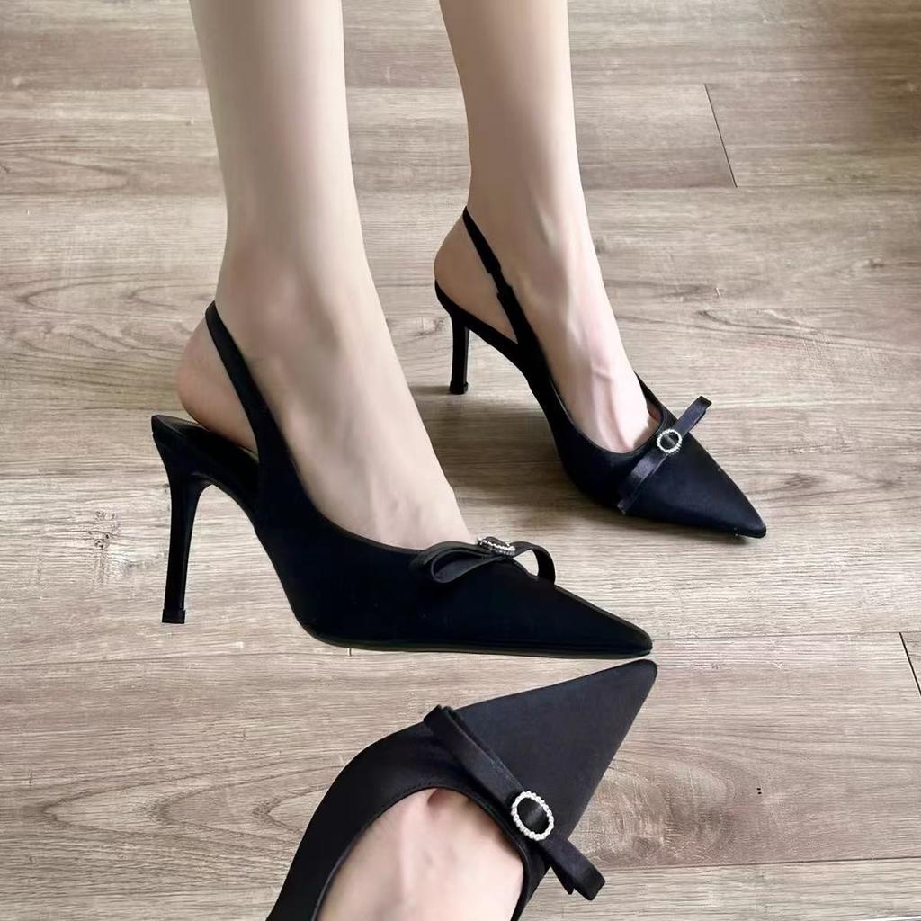New Summer Women's Sandals Thin Heel Pointed Head Bag Head Champagne Satin Fashion Autumn Empty High Heels