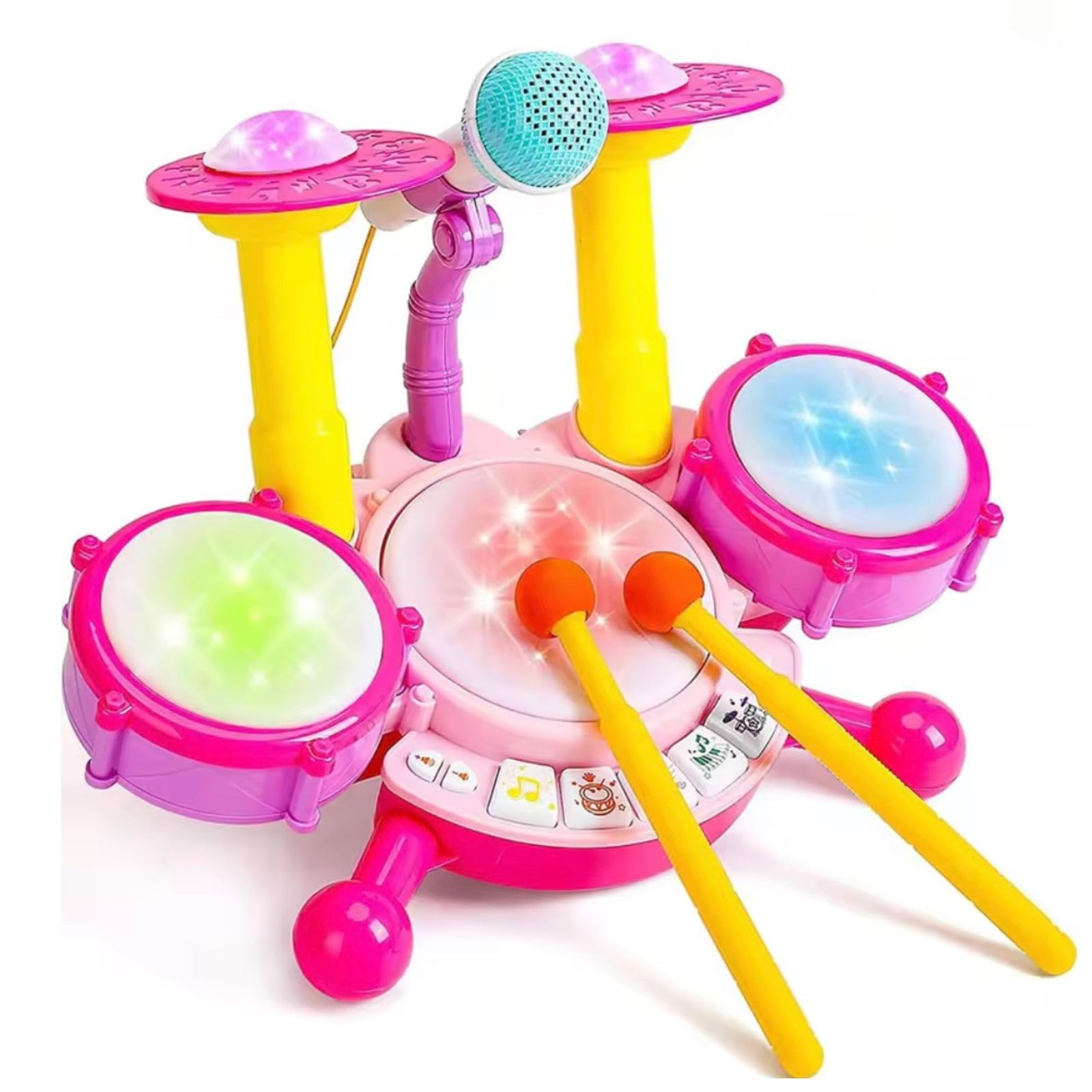 

Azmio Toy Drum Set with 22 Music Adjustable and Drums for Musical Instrument Experience Modes, Microphone, Volume, Light-Up (Pink) [Used] розовый