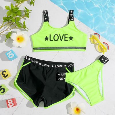 Children's Fashion Summer Letters Printed Swimsuit Girls' 3 Pieces Bikini Set Kids' Sports Tank Top Briefs and Boxers Swimwear Set
