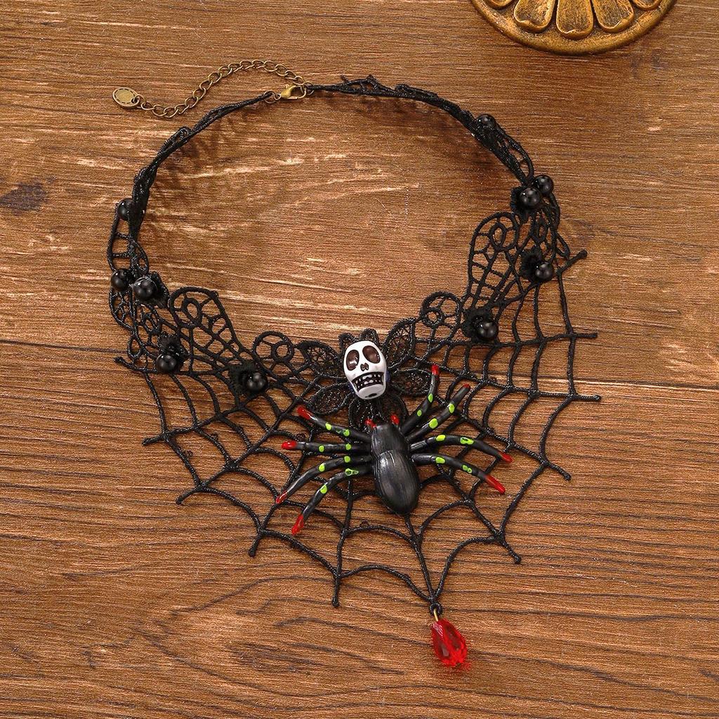 Halloween Skull Spider Lace Choker Necklace Dark Wind Fringed Earrings