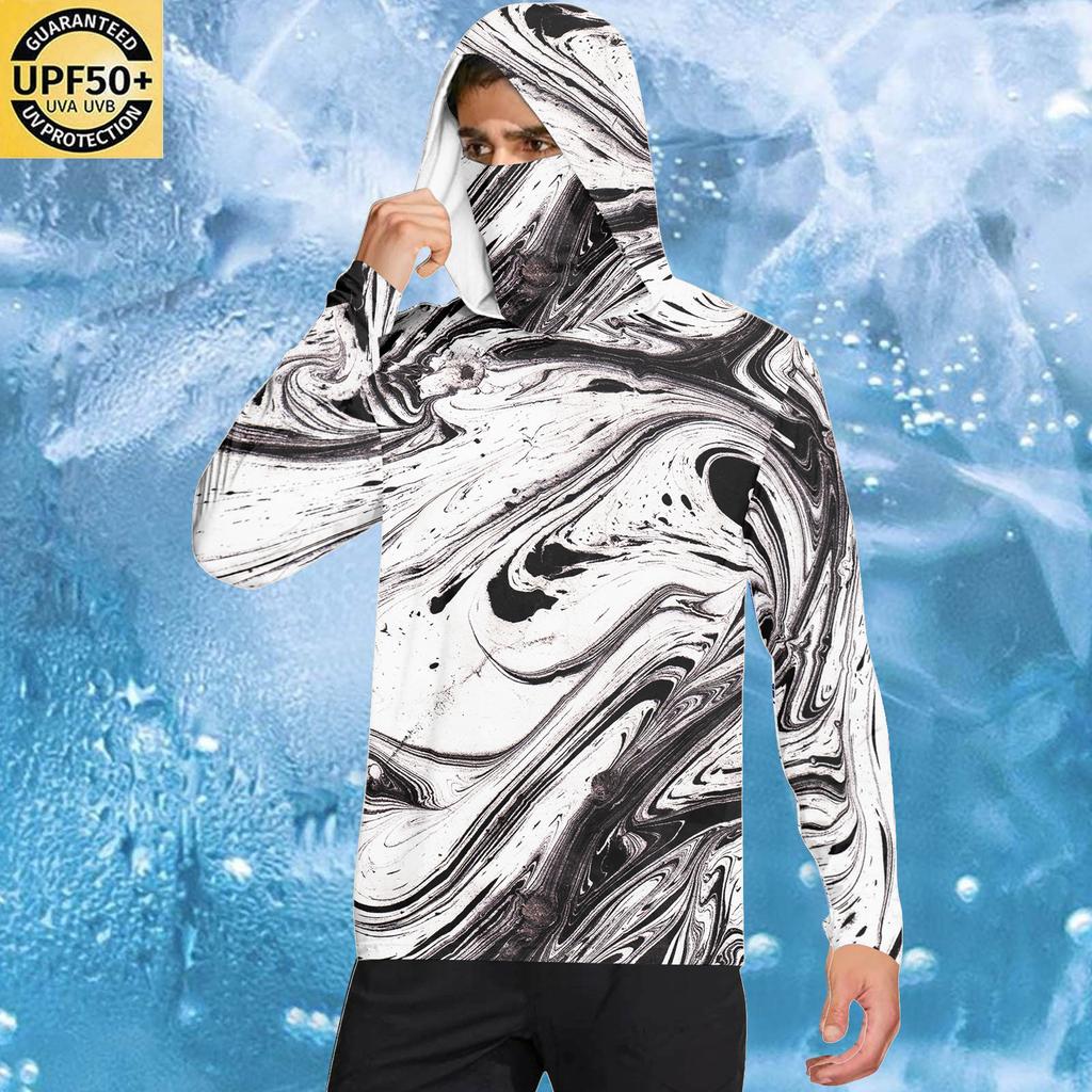 Long Sleeve Hooded Pullover with Face Covering Abstract Printed Lightweight Breathable Fabric for Men and Women