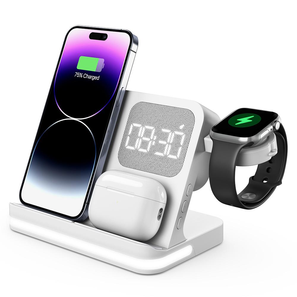 

B-22 Бездротова зарядка 3 в 1 15 Вт Зарядна станція для iPhone/Apple Watch, AirPods з будильником White