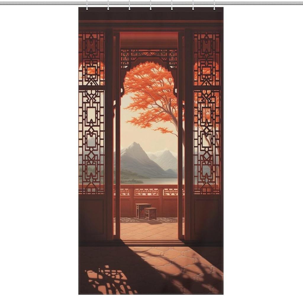 Chinese retro shower curtain, Japanese landscape shower curtain, waterproof polyester fiber shower curtain, customizable