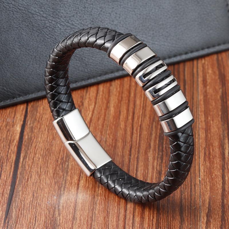 Men's Titanium Steel Braided Leather Bracelet Handmade Minimalist Leather Cuff Fashion Accessory