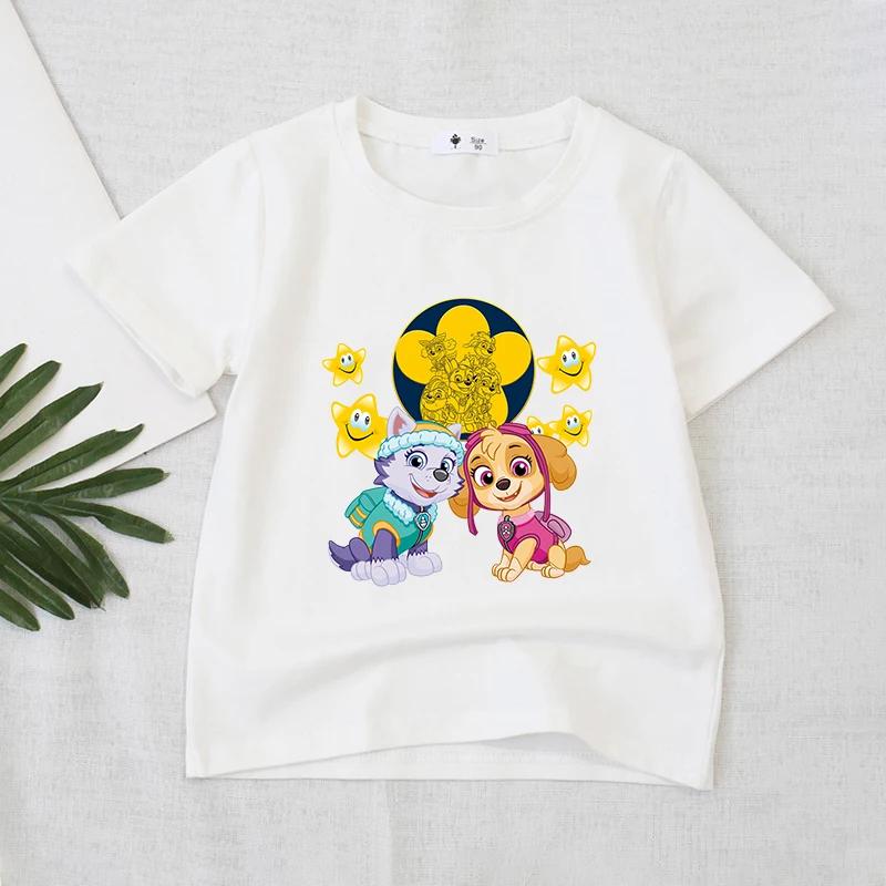 Wangwang Team Printed T-shirt, White Girls' Summer Clothing, Cartoon Children's Short Sleeved T-shirt, Cute Casual Top