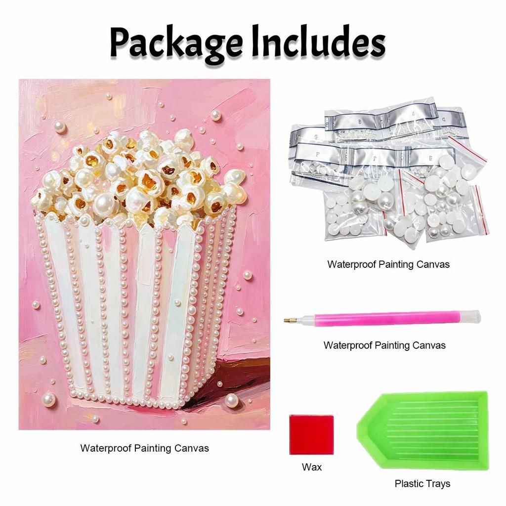 Pink Popcorn Bucket Pearl Art Painting with Frame Shiny Bead Canvas Creative Leisure Craft for Modern Wall Decor Gift Home Decoration