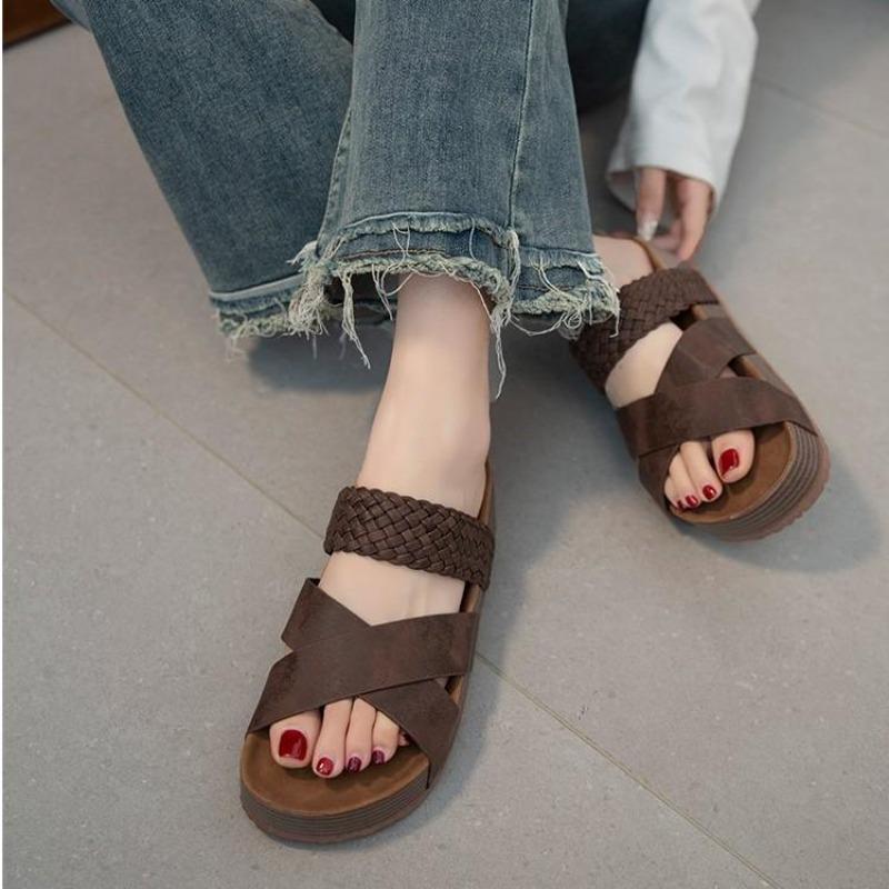 Mode Damen Hausschuhe Übergröße Retro Römische Sandalen PU Lässig Blume Keilabsatz Plateau Sandalen