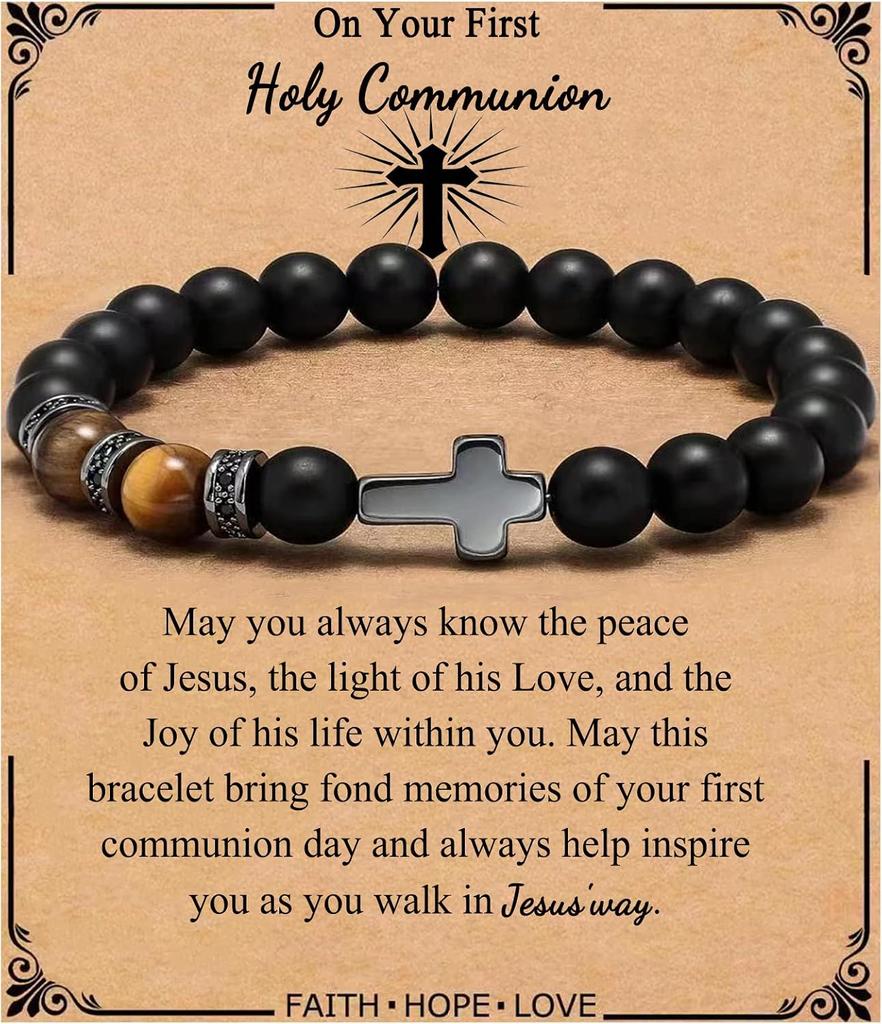 Kreuz Armband für Männer Sohn Bruder Taufe Kommunion Geburtstag Jahrestag Weihnachten Christlich Schwarze Tigerauge Perlen Schmuck