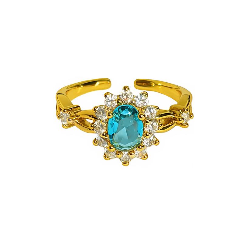Light Luxury Court Style Gold Blue-Green Colored Treasure Open Ring Full Of Diamonds Zircon Gorgeous Jewelry Stacked With High-End Rings