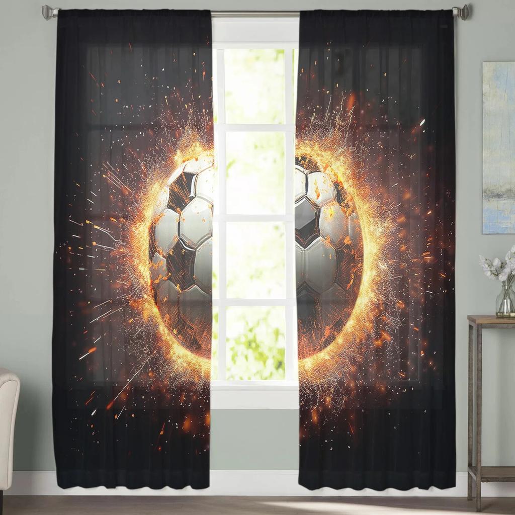 Fußball-Flammen-Farbverlaufs-Tüllvorhänge für Wohnzimmer, transparenter Vorhang für Schlafzimmer, Jalousien, Voile-Vorhänge