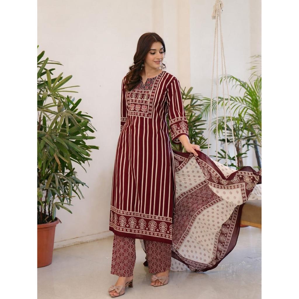 Women's Designer Cotton Kurti Pant Dupatta Set Indian Bollywood Ethnic Kurta Set