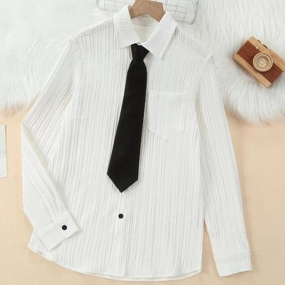 Camisa de uniforme de estudante com gravata para meninos, camisa branca de manga comprida, blusa de tecido ondulado para meninos com gravata elástica