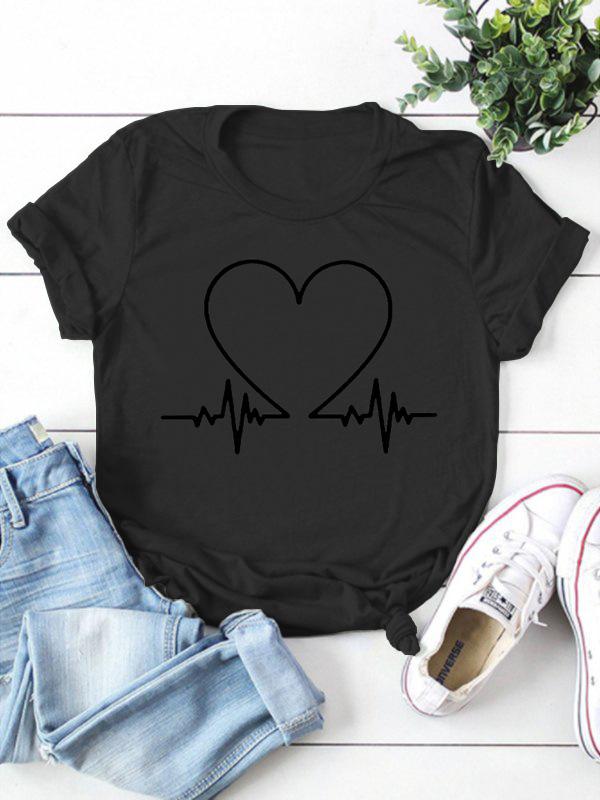 Electrocardiogram Heart Print Women T Shirt Short Sleeve O Neck Loose Women Tshirt Ladies Tee Shirt Tops Clothes Camisetas Mujer
