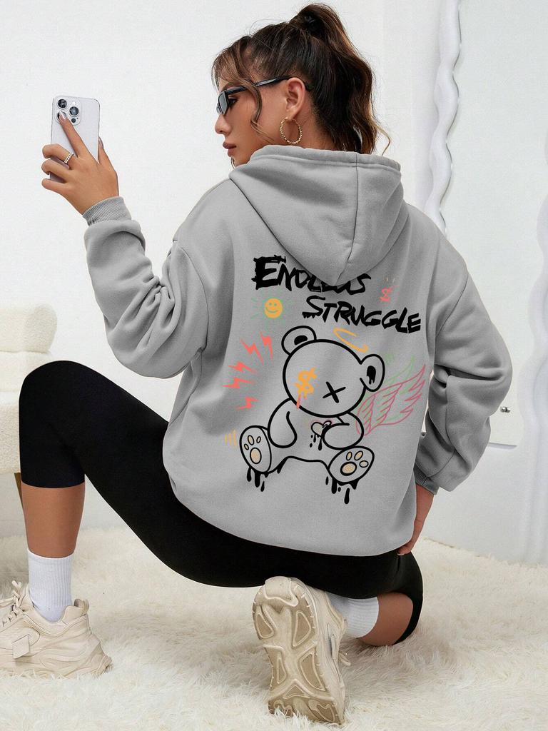 Graffiti Little Bear With Wings Print Hoodies Women Autumn Casual Hoodie Street Fashion Hoody Autumn Warm Fleece Pullover Female