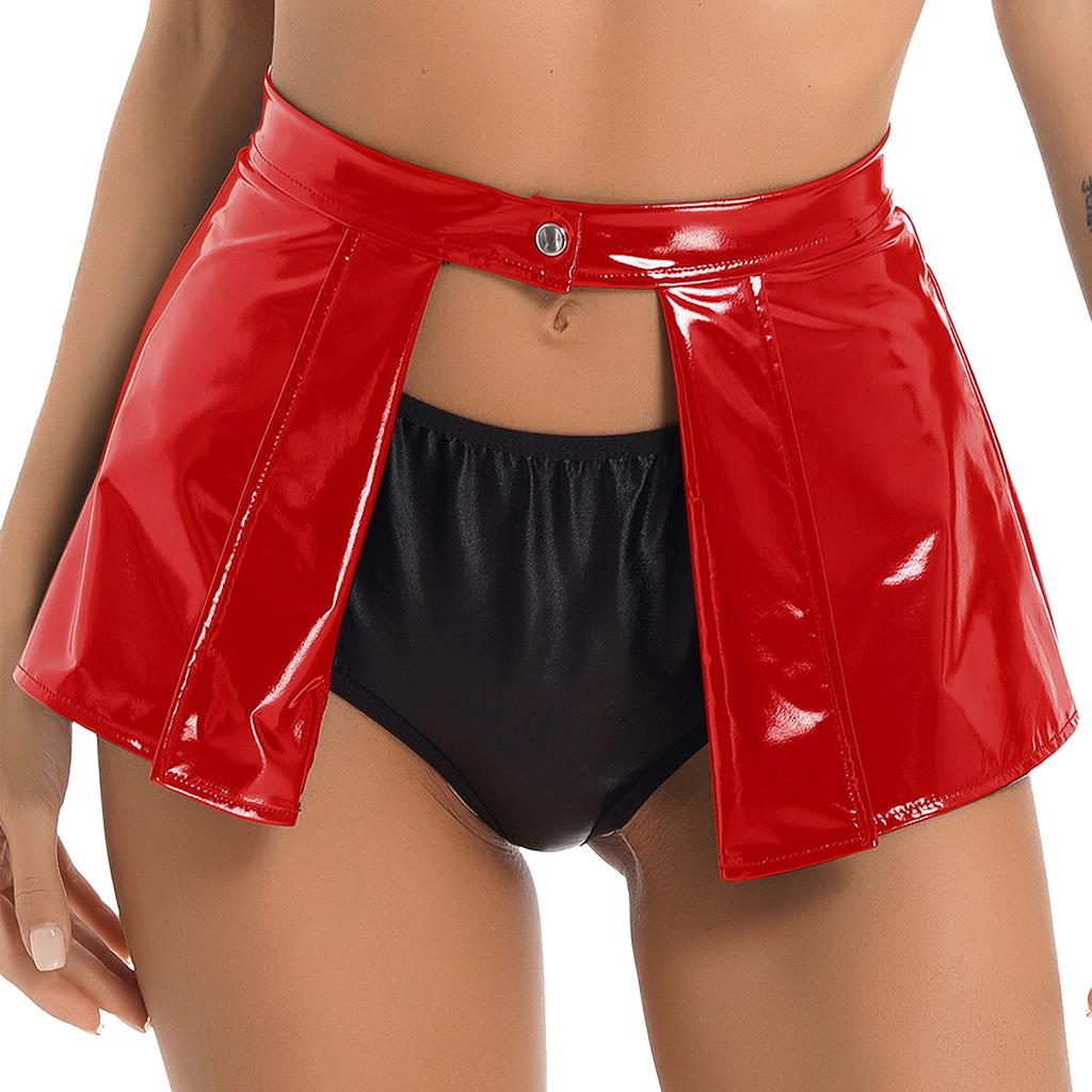 Womens Patent Leather Mini Skirt Open Front Design Pole Dance Clubwear