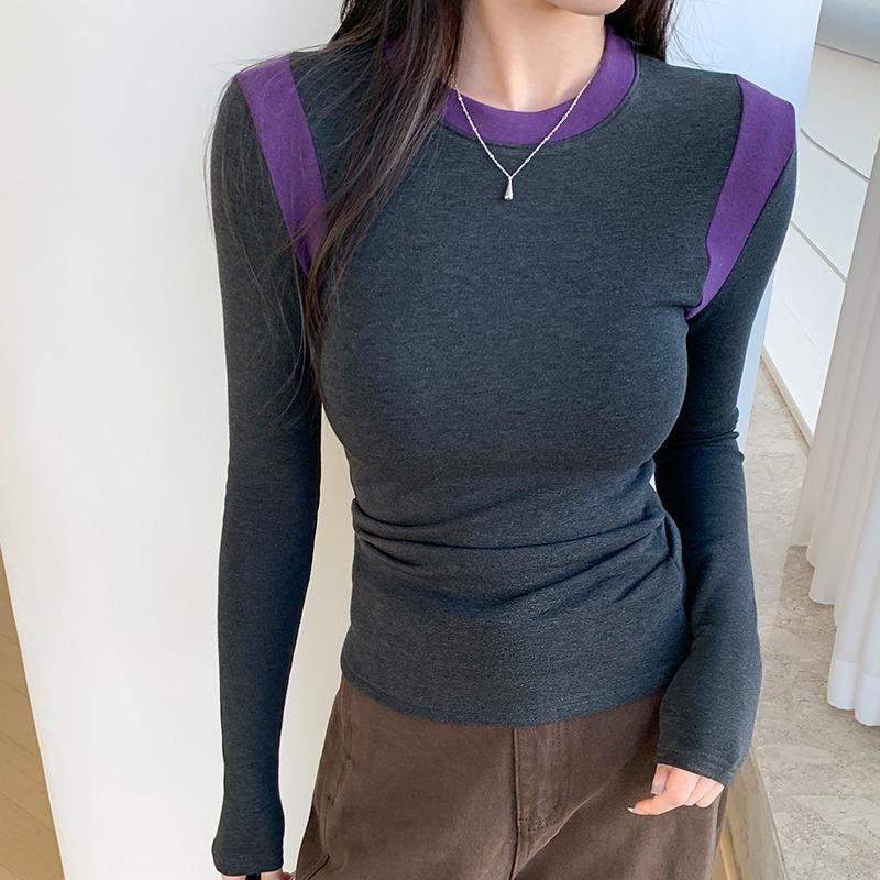 

Осенние футболки с длинным рукавом для женщин, модные зимние однотонные облегающие повседневные футболки, женские элегантные футболки с круглым вырезом для женщин, топы 25840 XL темно-серого
