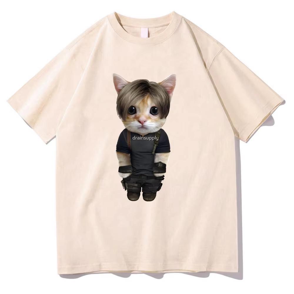 Leon Kennedy Kitty Tshirts Cartoon Funny Graphic Clothing Summer Trendy Pure Cotton Tees Harajuku Fashion Unisex T Shirts