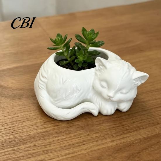 Artistic Cat Plant Holder 3D Printed Sleeping Flowerpot, Mini Desktop Planter, Gift for Lovers Decorative Succulents Small Green Plants Planter