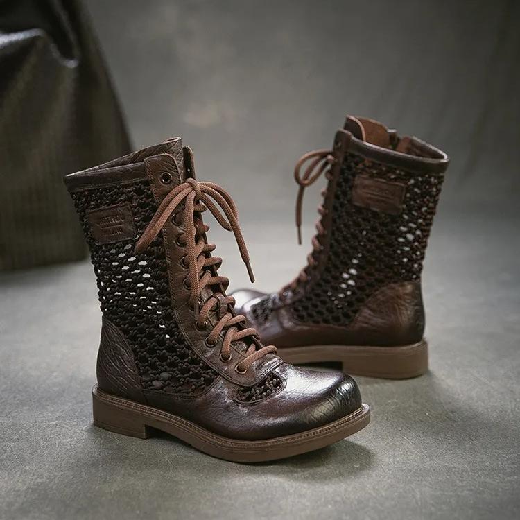 Johnature Retro Genuine Leather Hollow-out Breathable Summer Mid-calf Boots Versatile Fashion Women's Shoes