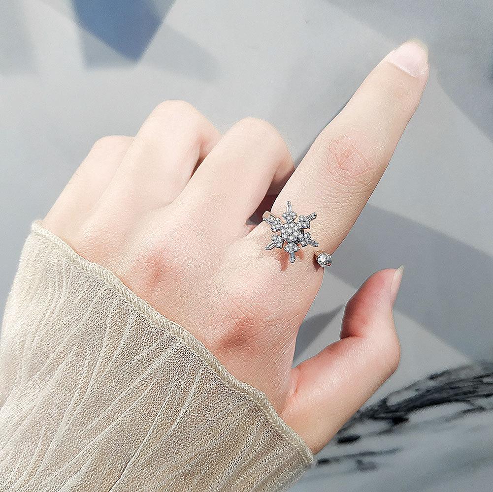 Rotating Snowflake Open Index Ring Minimalist Versatile Fashion Band Adjustable Statement Jewelry For Women Daily Wear