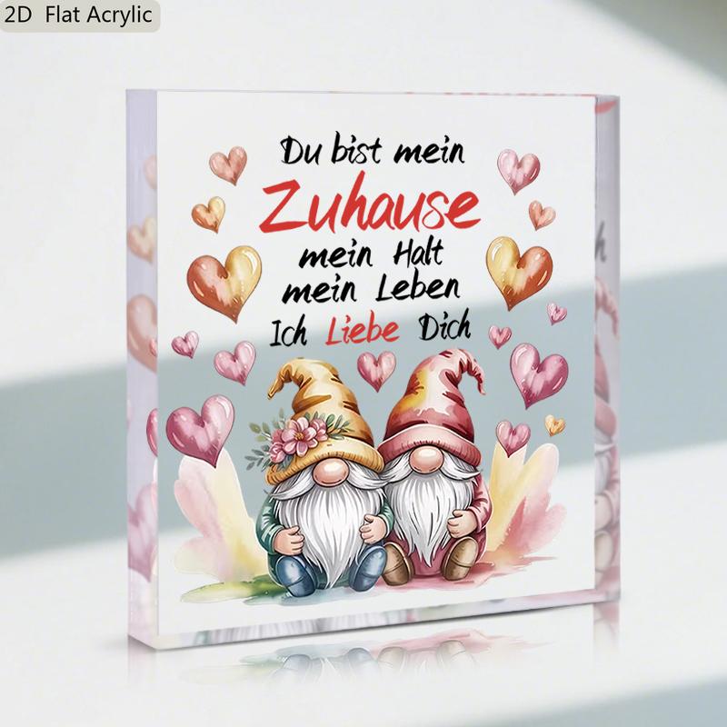 2D Flat, "Du Bist Mein" Heart-Shaped Gnome Acrylic Desktop Decoration Plaque, Suitable for wall Decoration, porch, Room, Villa, accents Home, Hallway,