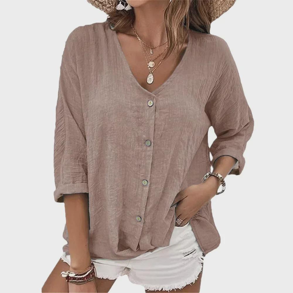 Cardigan din bumbac și in pentru femei, cu decolteu în V și nasturi, toamna și iarna 2023