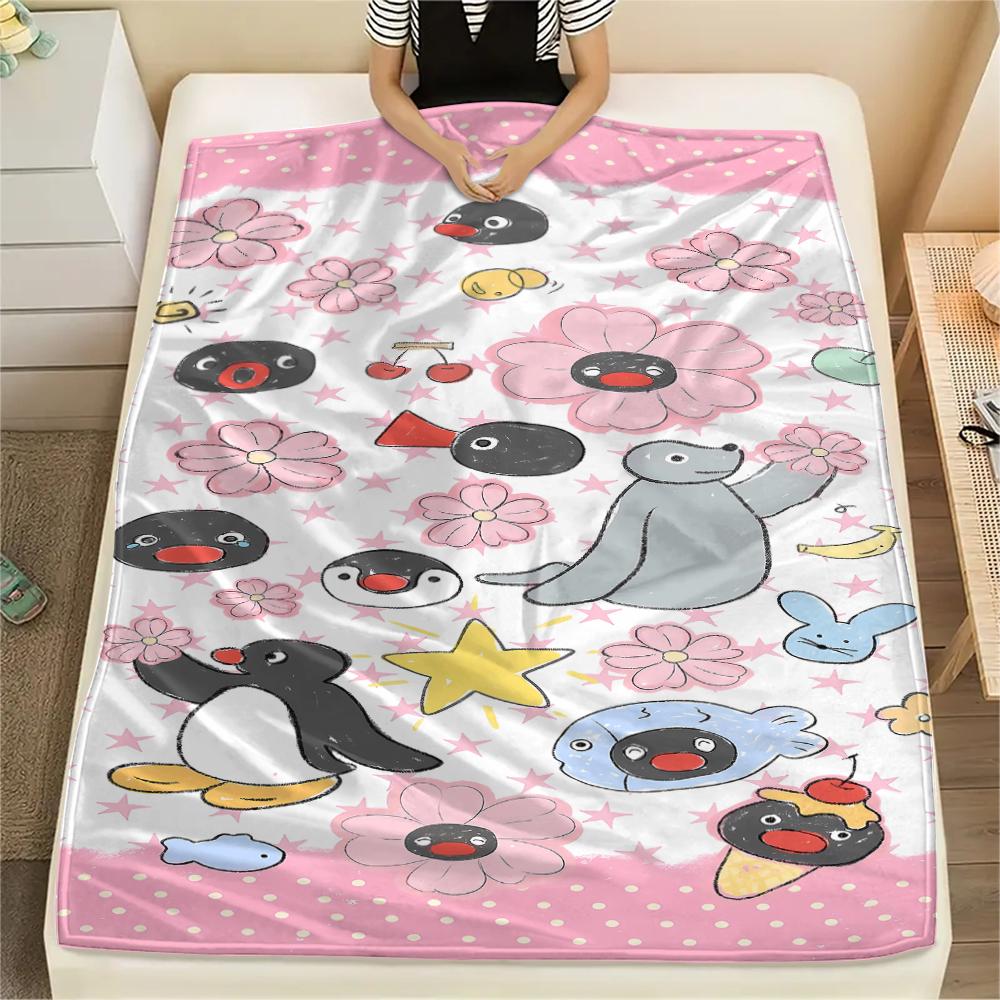 1PC PINGU Print Flannel Blanket, High quality All Seasons, Home Decor, Warmth and Comfort, Perfect for Christmas Gifts