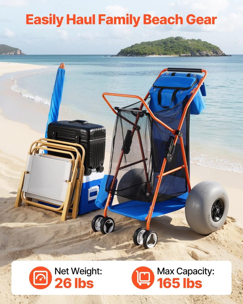 Strandkarre mit großen Rädern für Sand, 75 kg Tragfähigkeit, Robuster faltbarer Strandwagen mit 320 mm Ballonrädern, Isolierte Kühltasche, Sonnenschirm