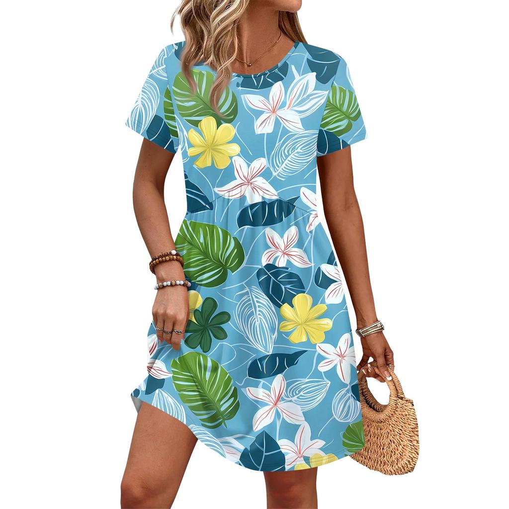 Dresses For Women Short Sleeve Print Round Neck Casual Dresses Waist Dress With Pockets