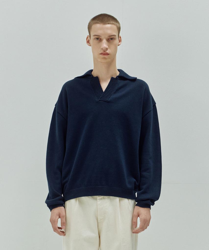 KNITTED Open Collar Ribbed Collar Knit Navy