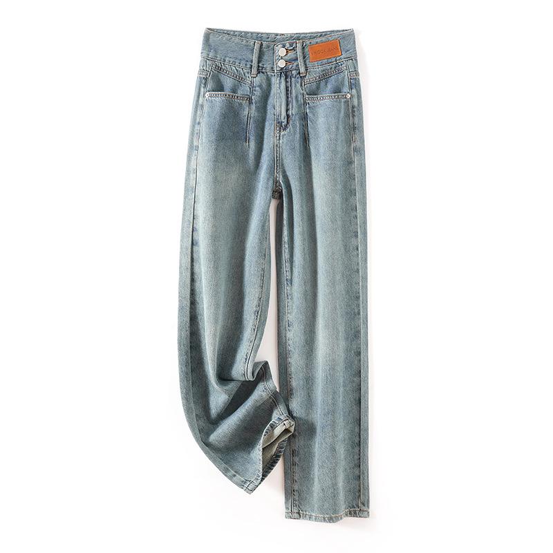 

2026 Yellow Floral High-Waist Skinny Retro Wide-Leg Jeans for Women - Double Button, Xinjiang Cotton, Straight-Leg, Summer Design S