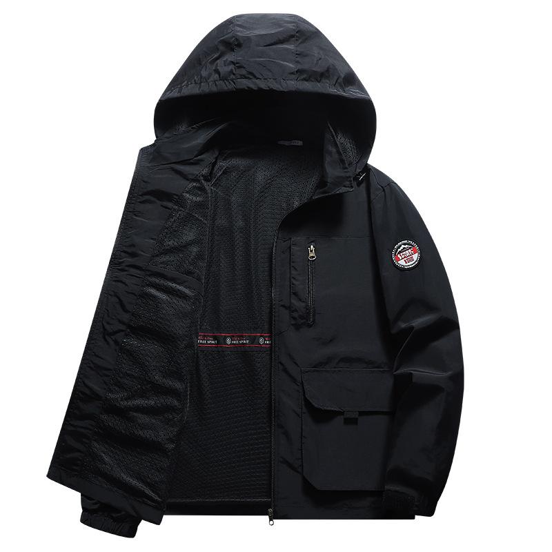 Spring and Autumn Hooded Jacket Men's Multi Pocket Outdoor Casual Jacket Windproof and Breathable Mountain Climbing Sports Casual Top