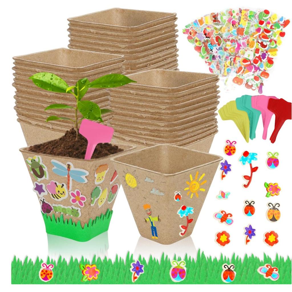 2025+ 50 Set Garden Paper Pot Craft Kit,50Pcs Paper Mache Pots Peat Plant Pots with 20set Foam Stickers & 50Pcs Pots Labels