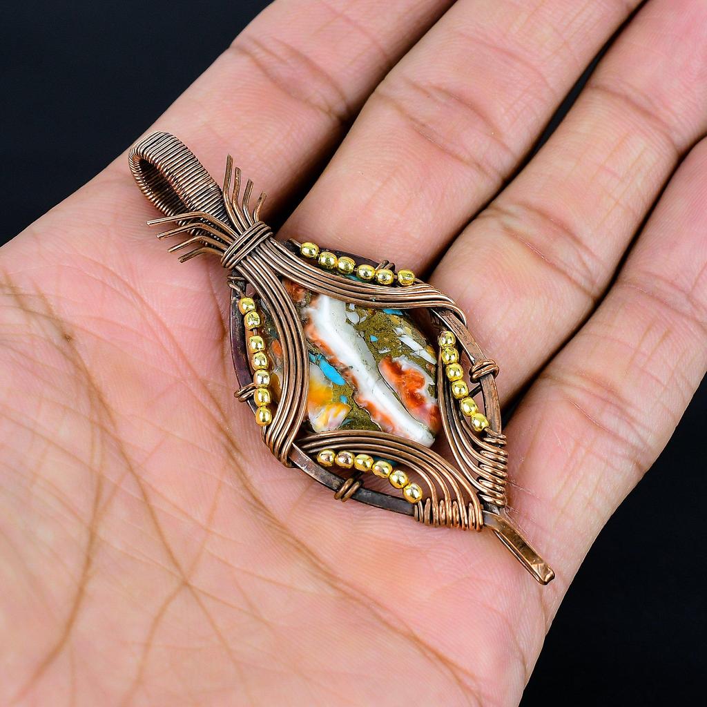 Anhänger aus Orangefarbener Stachelmuschel, 999 Kupferdraht umwickelter Edelsteinschmuck, Handgefertigter Anhänger Erstaunlicher Schmuck, Geschenk für Sie