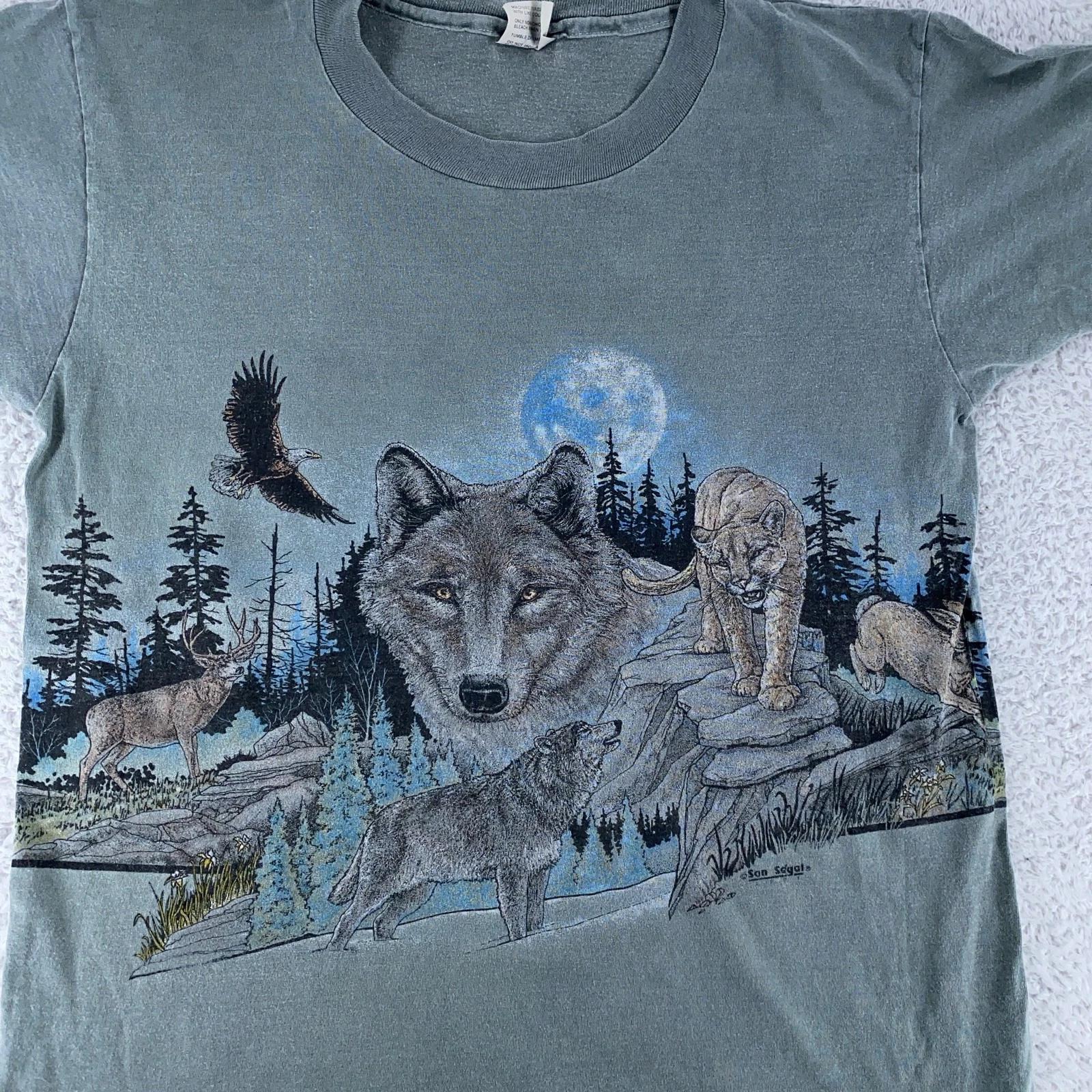 Vintage SanSegal Shirt Mens Medium Wolf Cougar Eagle Moon Wildlife 90s USA 4XL