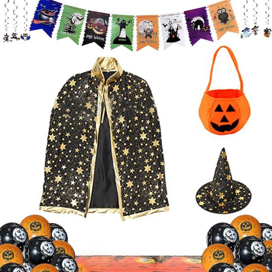 Child Witch Costume Unique Anime Cosplay Cape Hat Set Sparkling Pentagram Design with Pumpkin Bag Halloween Party Supplies